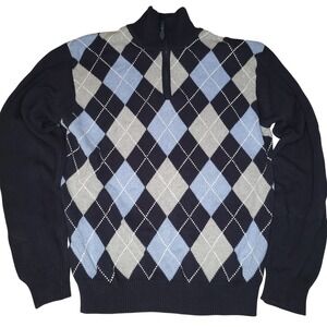 Nautica Quarter Zip Sweater Mens L‎ Navy Blue Gray Black Argyle Cotton Pullover